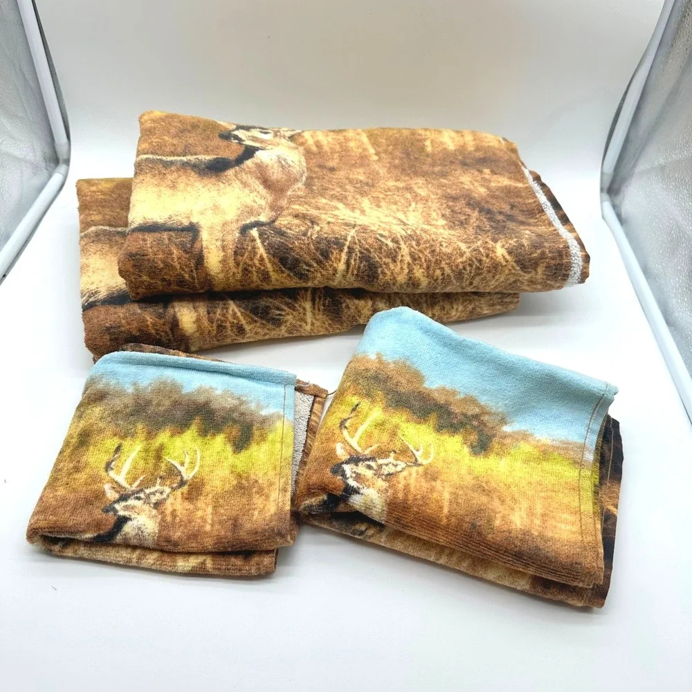 Rare Vintage 90's Hilasal Whitetails Deer Buck Wildlife Cotton Towel Set 4